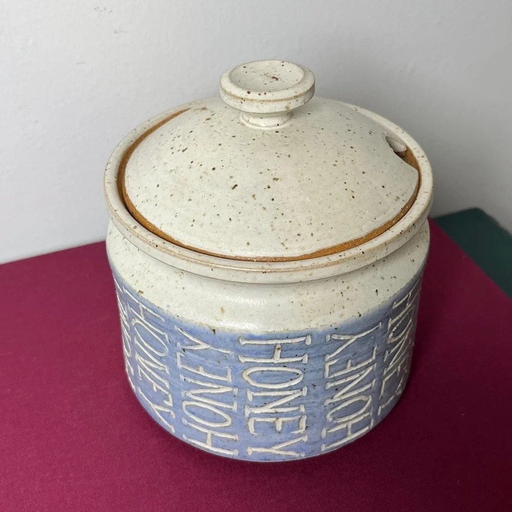 Maple Shadows Pottery Speckled Gray & Blue Large HONEY pot Farmhouse Country Vtg